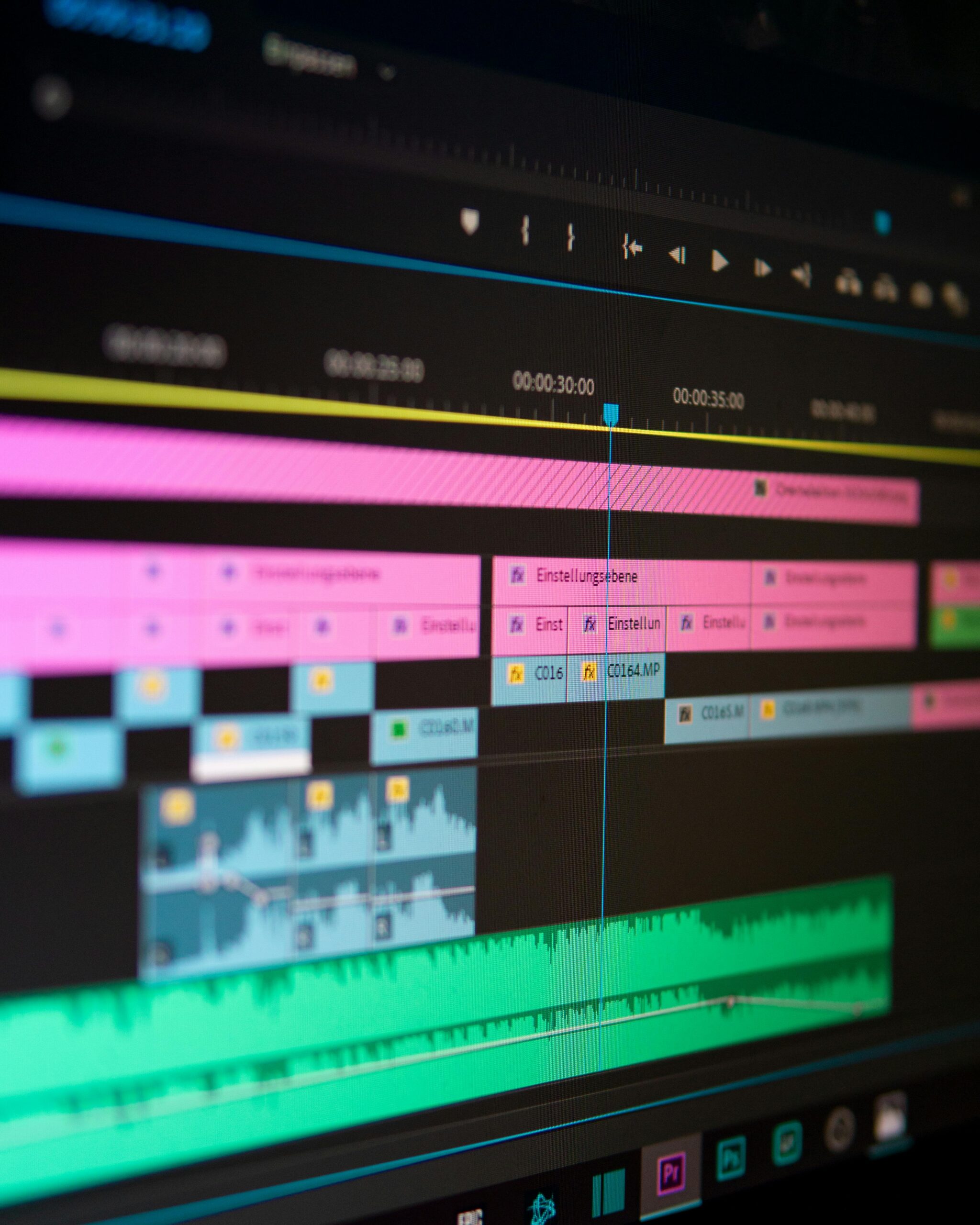 Close-up of a video editing timeline on a professional software interface.